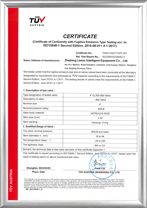 Certificado TUV ISO15848 (válvula de esfera CL300 de 4